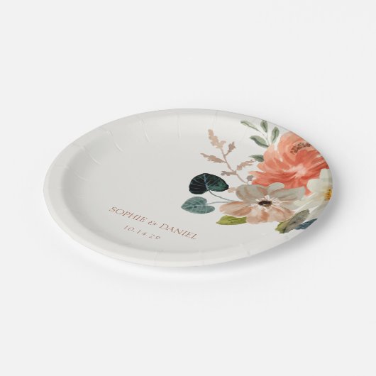 Elegant Bloemen Waterverf Paar Initialen Bruiloft Papieren Bordje (Gekanteld)