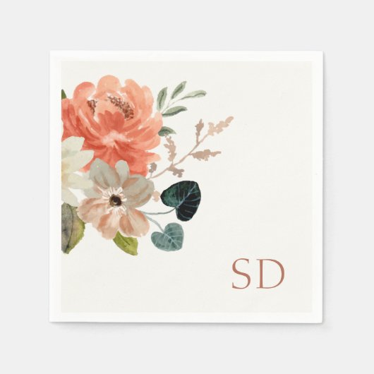 Elegant Bloemen Waterverf Paar Initialen Bruiloft Servet (Voorkant)