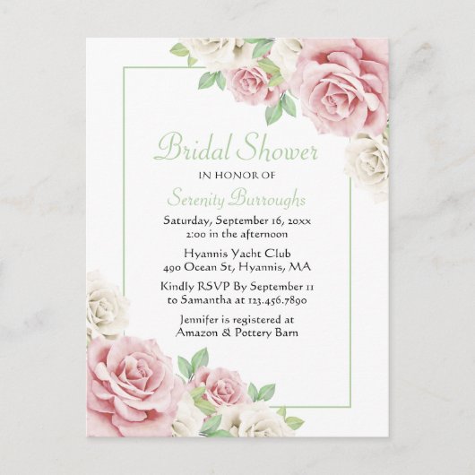 Elegant Bloemen Waterverf Roze Rozen Vrijgezellenf Uitnodiging Briefkaart (Voorkant)