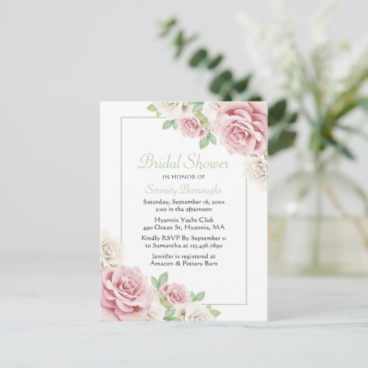 Elegant Bloemen Waterverf Roze Rozen Vrijgezellenf Uitnodiging Briefkaart (Staand voorkant)