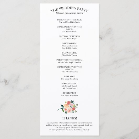 Elegant Bloemen Waterverf Trouwprogramma 4x9 Programmakaart (Achterkant)