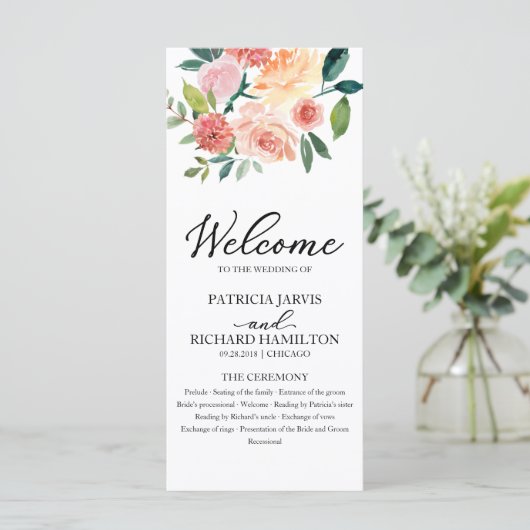 Elegant Bloemen Waterverf Trouwprogramma 4x9 Programmakaart (Staand voorkant)