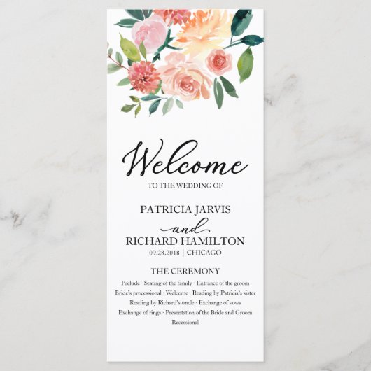 Elegant Bloemen Waterverf Trouwprogramma 4x9 Programmakaart (Voorkant)