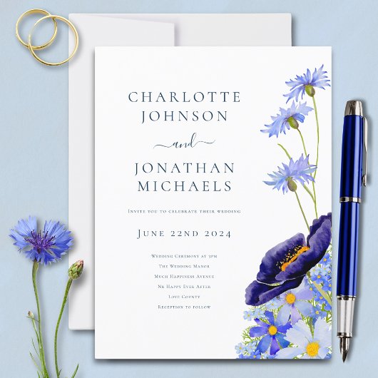 Elegant Bloemen Wildflower Blauw Uitnodiging Briefkaart
