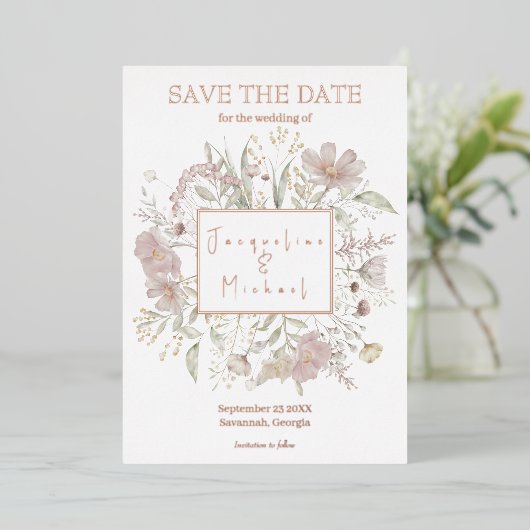 Elegant Bloemen Wildflower Goud Roos Save the Date Folie Uitnodiging (Staand Voorkant)