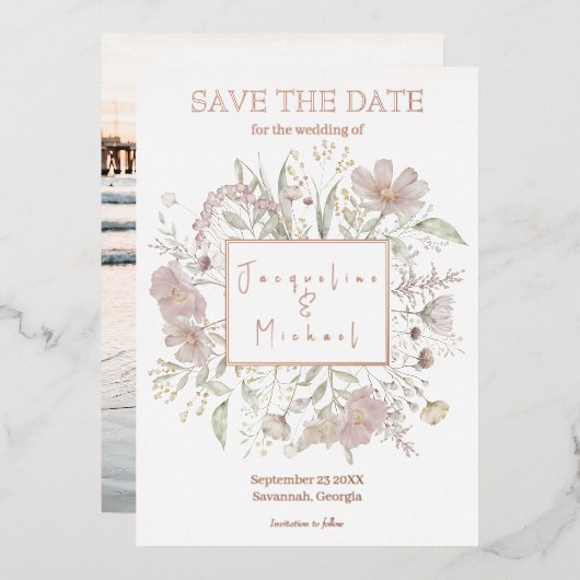 Elegant Bloemen Wildflower Goud Roos Save the Date Folie Uitnodiging (Voorkant / Achterkant)