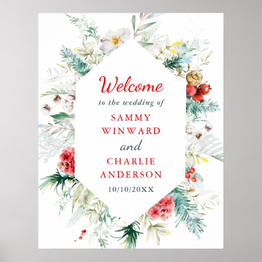 Elegant Bloemen Winter Bruiloft Welkomstbord Poster (Voorkant)