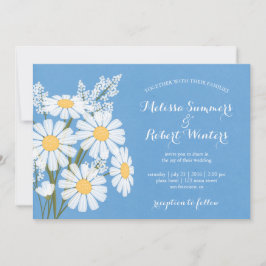 Elegant Bloemen Wit Daisies Blauw Bruiloft Kaart