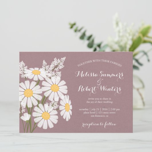 Elegant Bloemen Wit Daisies Roze Bruiloft Kaart (Staand voorkant)