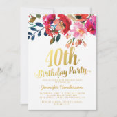 Elegant Bloemen Wit Goud 40e Verjaardagsfeest Kaart (Voorkant)