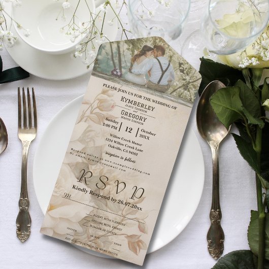 Elegant  Bloemen Wit Rose Paar Foto All In One Uitnodiging