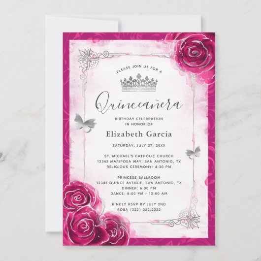 Elegant Bloemen Zilver en Fuchsia Quinceanera Kaart (Voorkant)