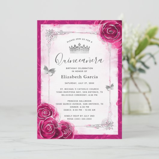 Elegant Bloemen Zilver en Fuchsia Quinceanera Kaart (Staand voorkant)
