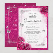 Elegant Bloemen Zilver en Fuchsia Quinceanera Kaart (Voorkant / Achterkant)