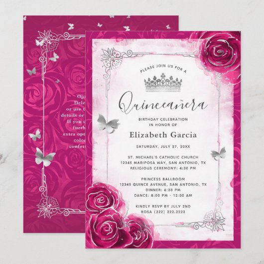 Elegant Bloemen Zilver en Fuchsia Quinceanera Kaart (Voorkant / Achterkant)