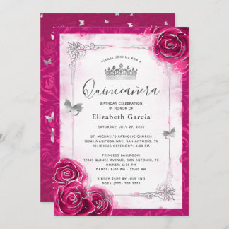 Elegant Bloemen Zilver en Fuchsia Quinceanera Kaart