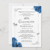 Elegant Bloemen Zilver Royal Blue Quinceanera Foto Kaart (Voorkant)