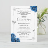 Elegant Bloemen Zilver Royal Blue Quinceanera Foto Kaart (Staand voorkant)