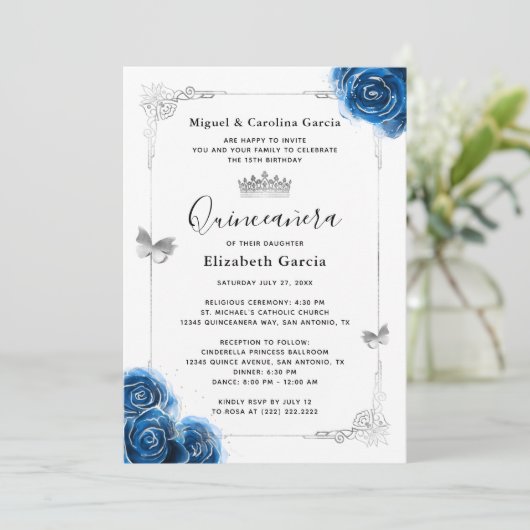 Elegant Bloemen Zilver Royal Blue Quinceanera Foto Kaart (Staand voorkant)