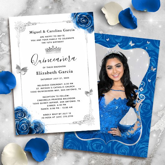 Elegant Bloemen Zilver Royal Blue Quinceanera Foto Kaart
