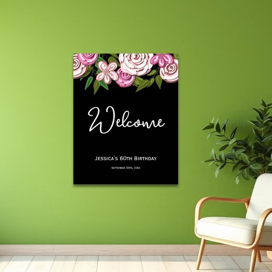 Elegant Bloemen Zwart 60e Verjaardag Welkom Poster