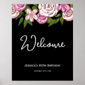 Elegant Bloemen Zwart 60e Verjaardag Welkom Poster (Voorkant)