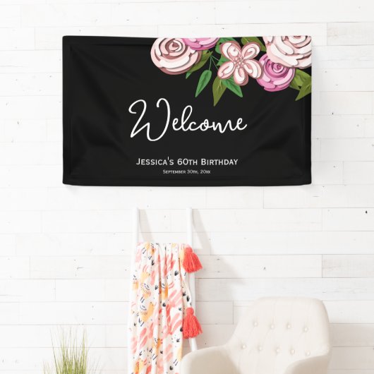 Elegant Bloemen Zwart 60e Verjaardag Welkom Spandoek (Insitu)