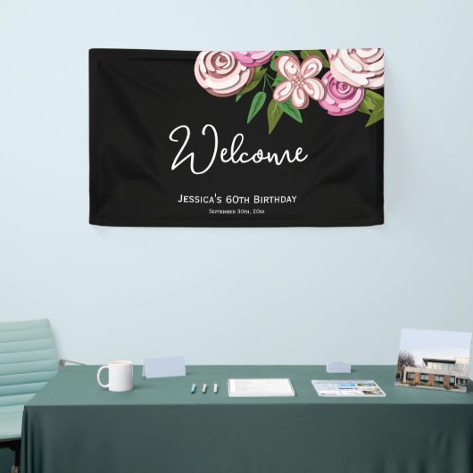 Elegant Bloemen Zwart 60e Verjaardag Welkom Spandoek (Beurs)