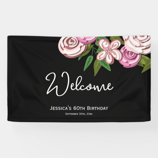 Elegant Bloemen Zwart 60e Verjaardag Welkom Spandoek (Horizontaal)