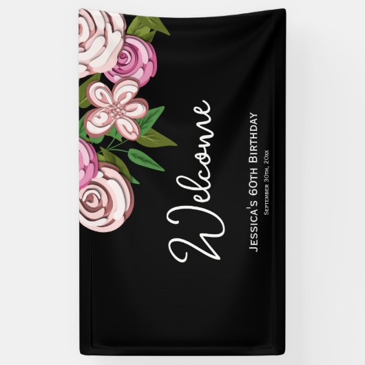 Elegant Bloemen Zwart 60e Verjaardag Welkom Spandoek (Verticaal)