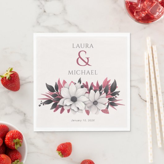 Elegant Bloemen Zwart Magenta Trouwpapier Servet (Insitu)