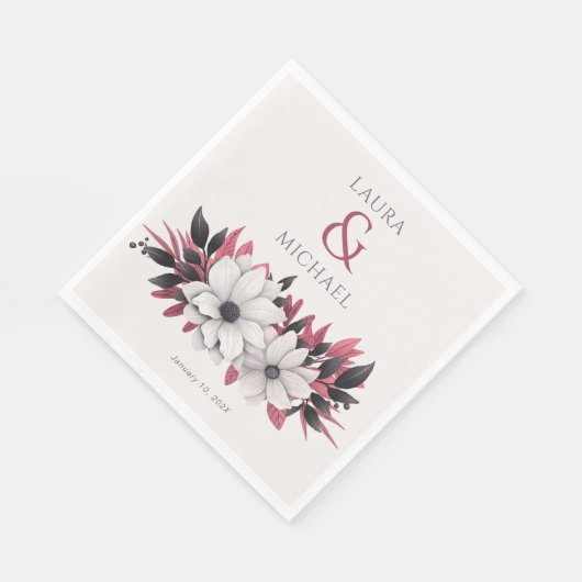 Elegant Bloemen Zwart Magenta Trouwpapier Servet (Hoek)