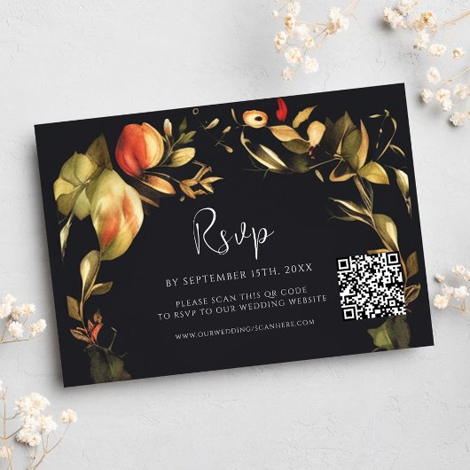 Elegant Bloemen Zwart QR Code Bruiloft RSVP Kaartje