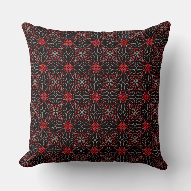 Elegant Bloemen Zwart Rood  Patroon Ontwerp Kussen (Voorkant)