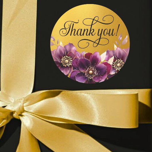 Elegant Bloemen Zwart Script Bedankt Gouden Sticke Ronde Sticker