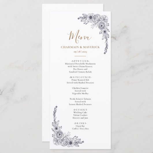 Elegant Bloemen Zwart & Wit Bruiloft Menu (Voorkant / Achterkant)