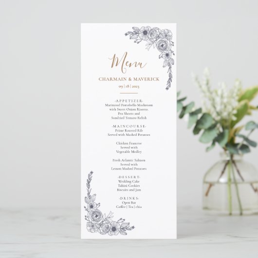 Elegant Bloemen Zwart & Wit Bruiloft Menu (Staand voorkant)