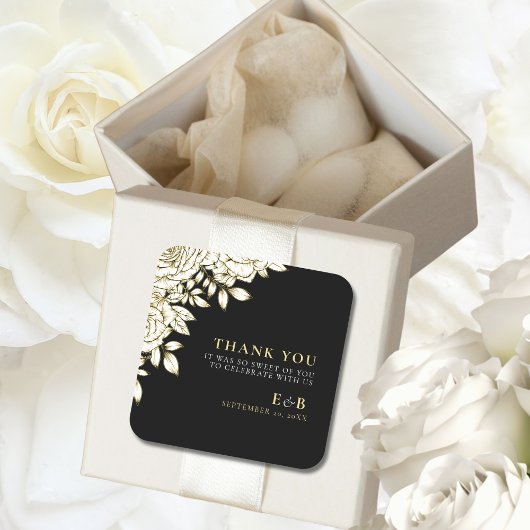 Elegant Bloemen Zwart Wit Goud Monogram Bruiloft Vierkante Sticker