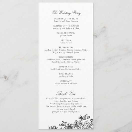 Elegant Bloemen Zwart Wit Huwelijksprogramma Programmakaart (Achterkant)
