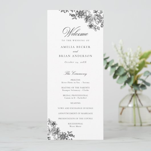 Elegant Bloemen Zwart Wit Huwelijksprogramma Programmakaart (Staand voorkant)