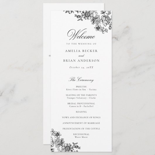 Elegant Bloemen Zwart Wit Huwelijksprogramma Programmakaart (Voorkant / Achterkant)