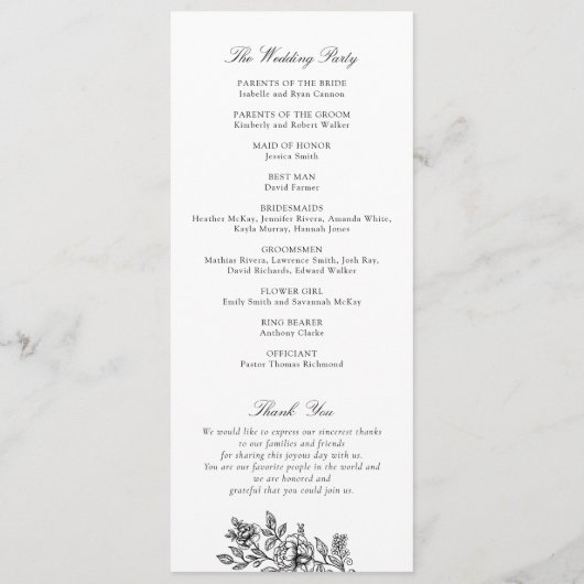Elegant Bloemen Zwart Wit Huwelijksprogramma Programmakaart (Achterkant)