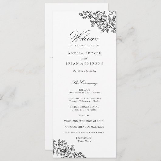 Elegant Bloemen Zwart Wit Huwelijksprogramma Programmakaart (Voorkant / Achterkant)