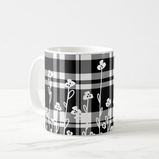 Elegant bloemen zwart wit plaid patroon koffiemok (Voorkant links)