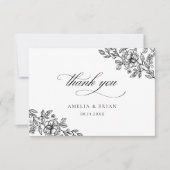 Elegant  Bloemen Zwart Wit Script Bruiloft Bedankkaart (Voorkant)