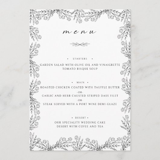 Elegant Bloemen Zwart & Wit Tafel Diner Menu (Voorkant)
