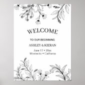 Elegant Bloemen Zwart-wit Welkom Bruiloft Poster (Voorkant)