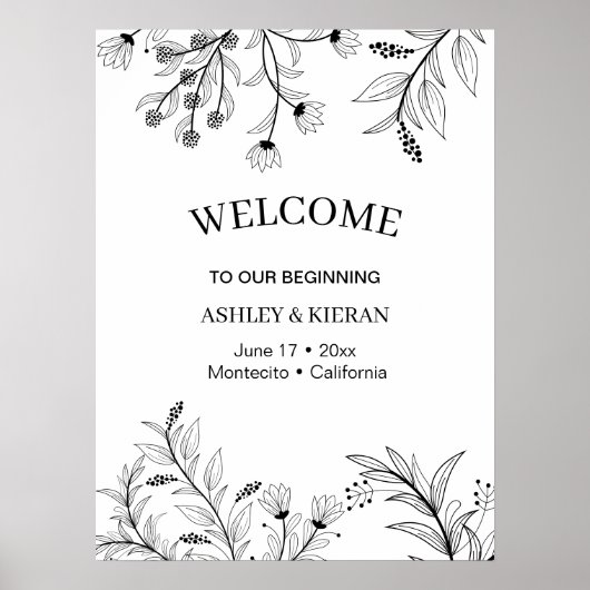 Elegant Bloemen Zwart-wit Welkom Bruiloft Poster (Voorkant)