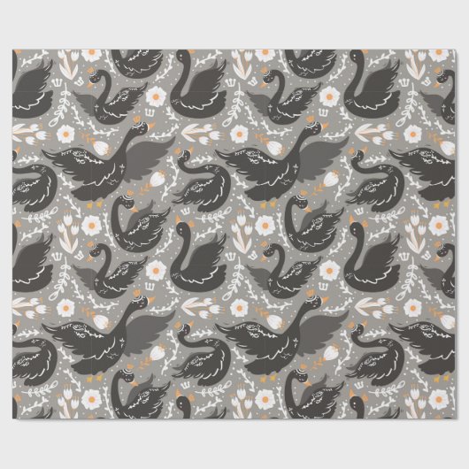 Elegant Bloemen Zwarte Zwaan Patroon Cadeaupapier (Vlak)