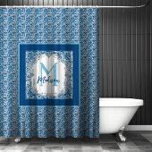 Elegant  bloemenaqua Blauw geel monogram Douchegordijn